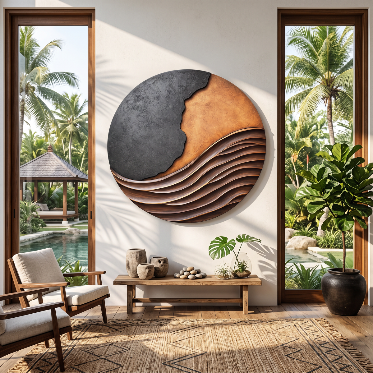 Modern Wave Relief Solid Wood Wall Art Sculpture for Living Room