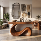 Console Table Solid Wood with Sculptural Wave Base for Entryway Decor