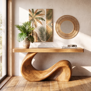 Console Table Solid Wood with Sculptural Wave Base for Entryway Decor