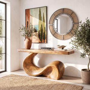 Console Table Solid Wood with Sculptural Wave Base for Entryway Decor