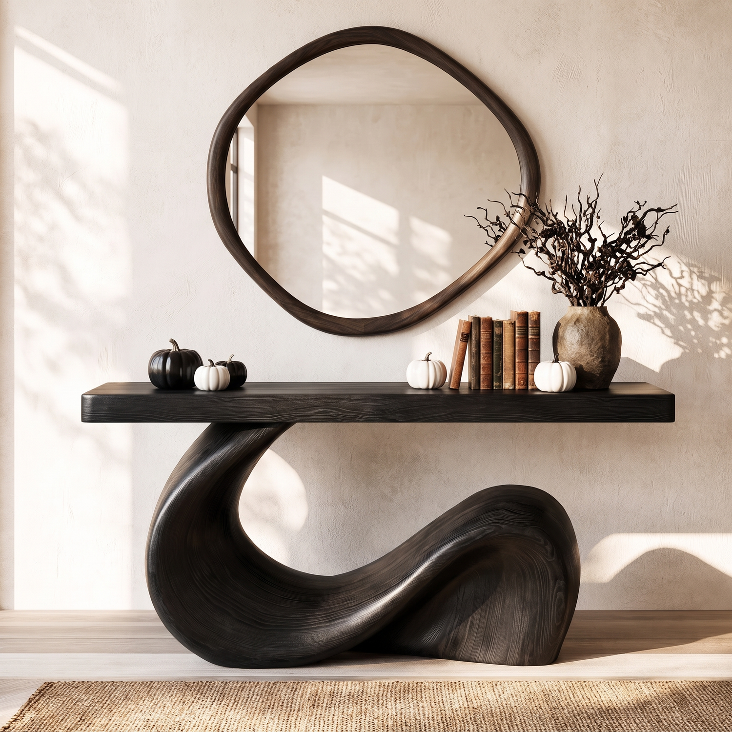 Console Table Solid Wood with Sculptural Wave Base for Entryway Decor