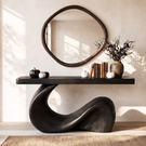 Console Table Solid Wood with Sculptural Wave Base for Entryway Decor