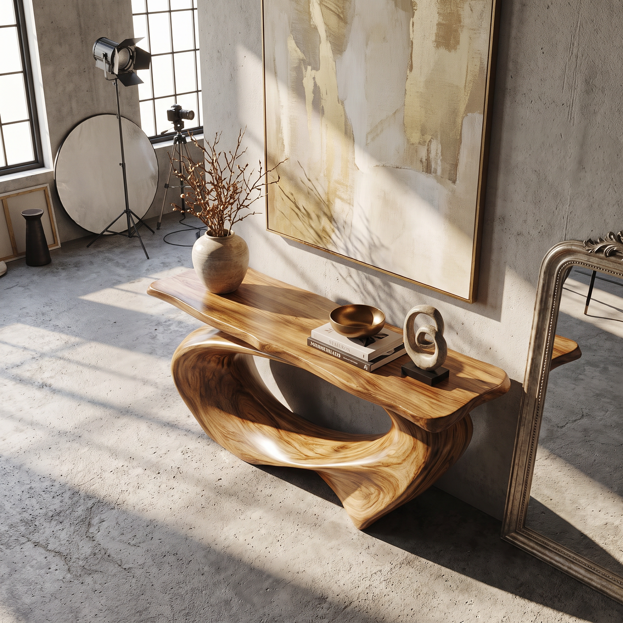 Console Table Solid Wood with Sweeping Oval Loop Base for Entryway Decor