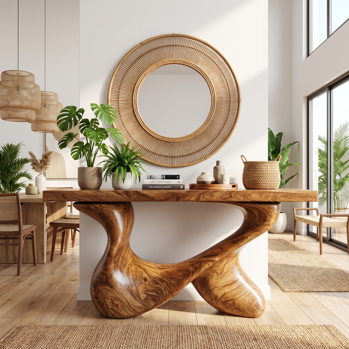 Console Table Solid Wood with Interlocking Loop Base for Entryway Decor