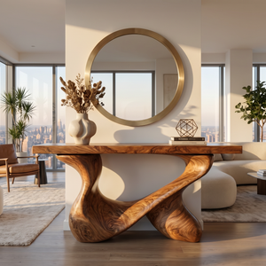 Console Table Solid Wood with Interlocking Loop Base for Entryway Decor
