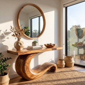 Console Table Solid Wood with Sculptural Curl Base for Entryway Decor