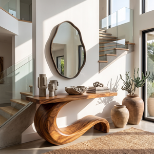 Console Table Solid Wood with Sculptural Curl Base for Entryway Decor