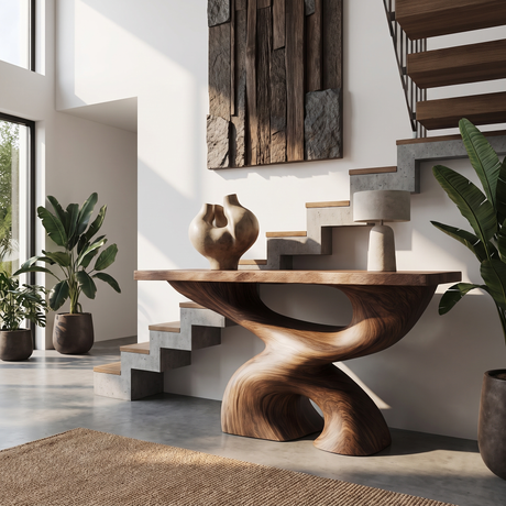 Console Table Solid Wood with Sculptural Double Arch Base for Entryway Decor