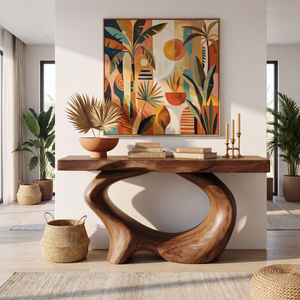 Console Table Solid Wood with Sculptural Oval Loop Base