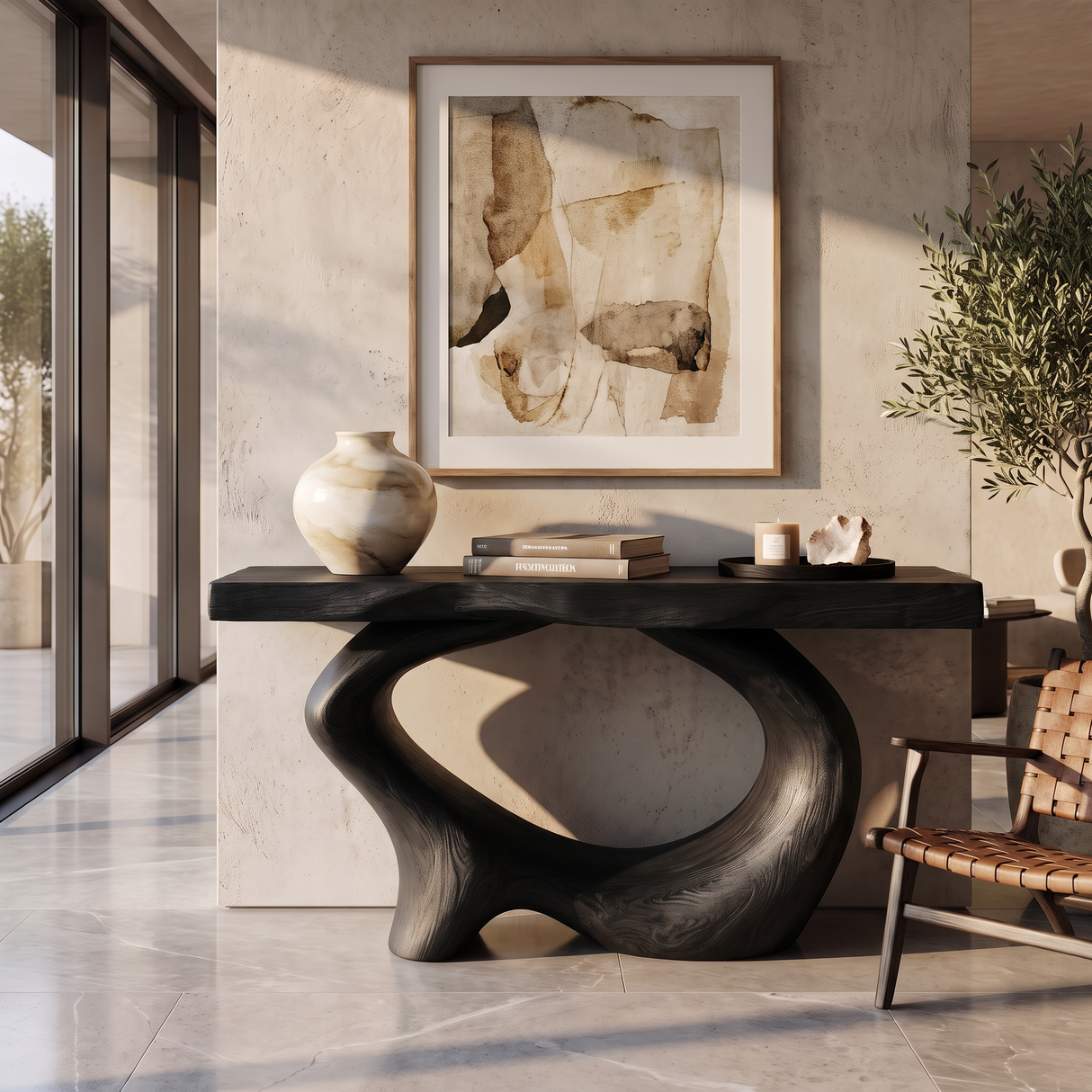 Console Table Solid Wood with Sculptural Oval Loop Base
