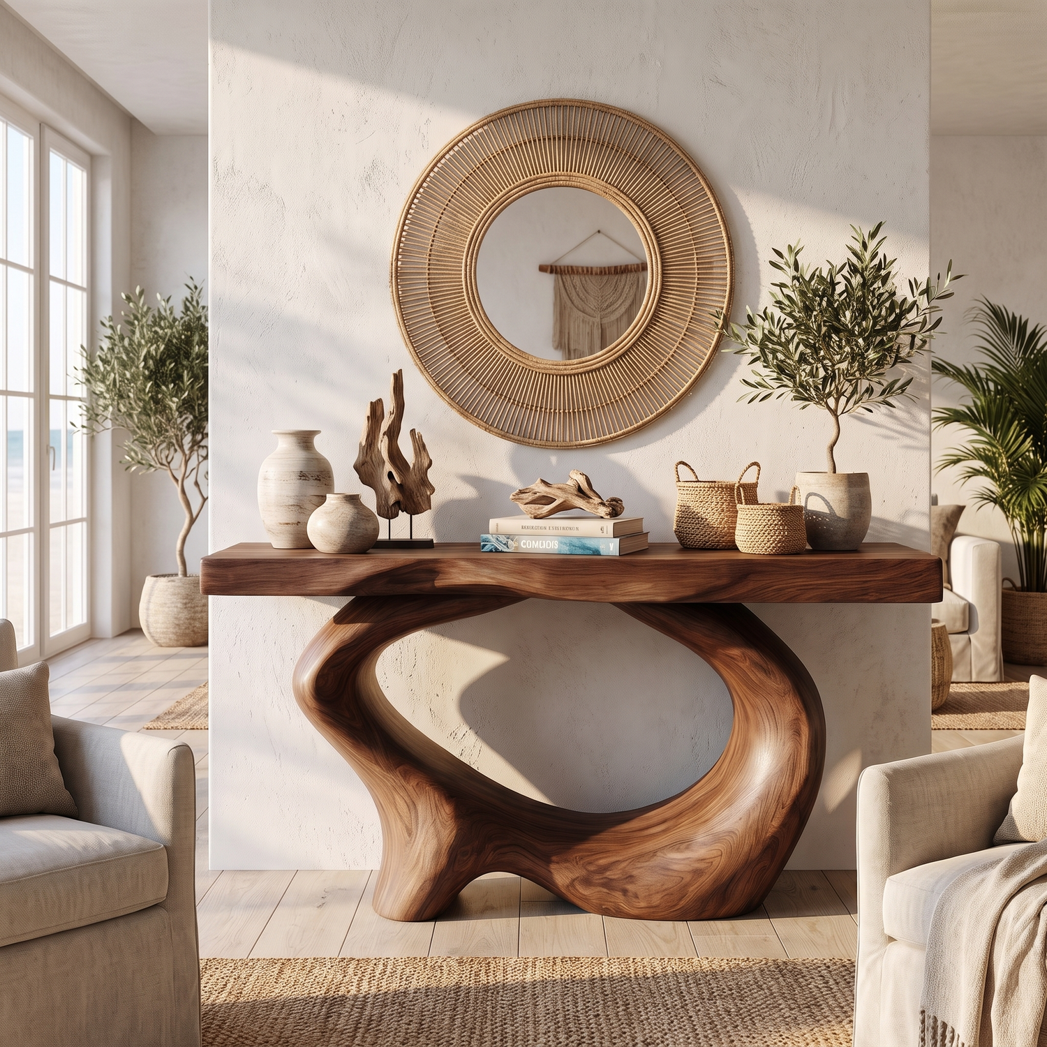 Console Table Solid Wood with Sculptural Oval Loop Base
