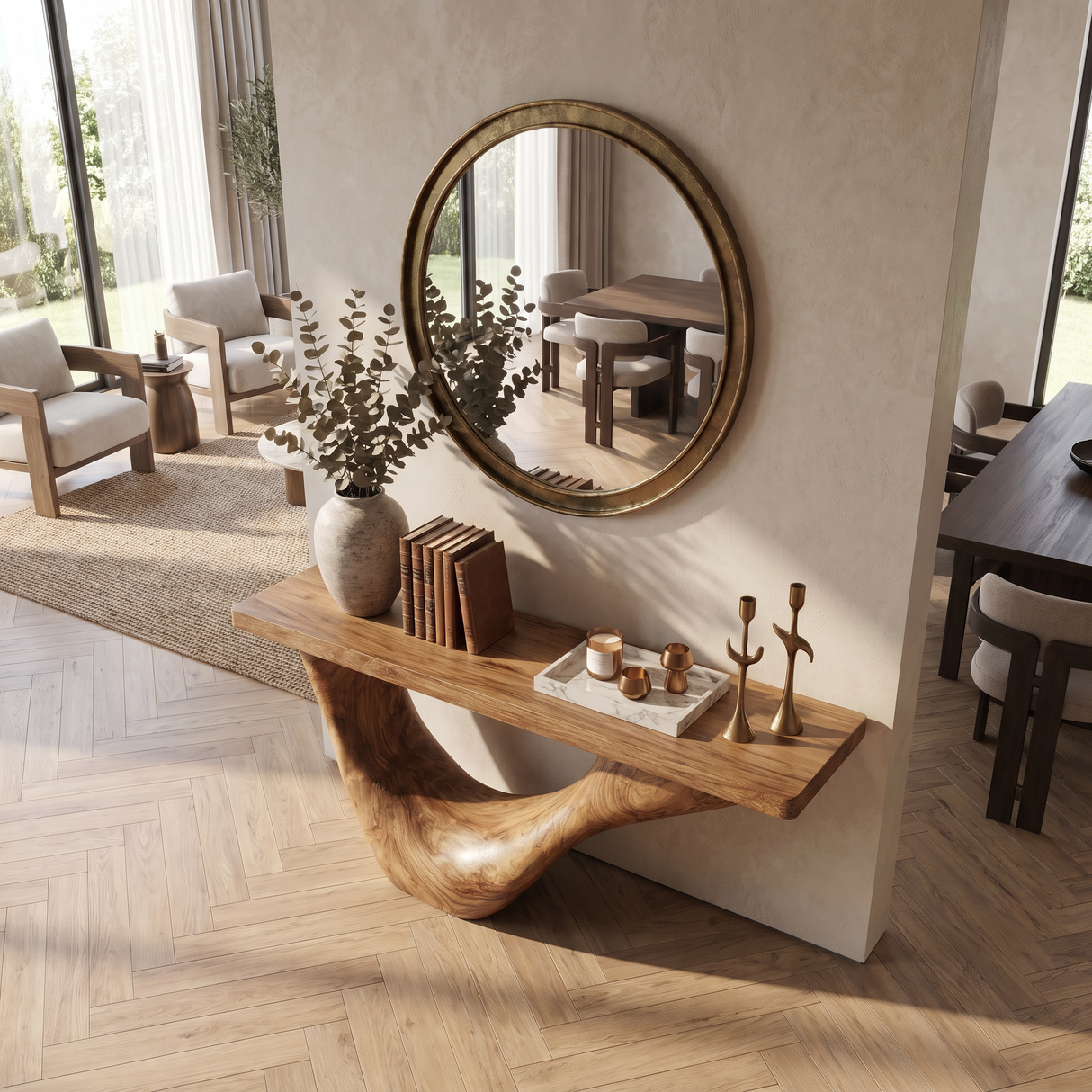 Console Table Solid Wood with Sweeping Open Crescent Base