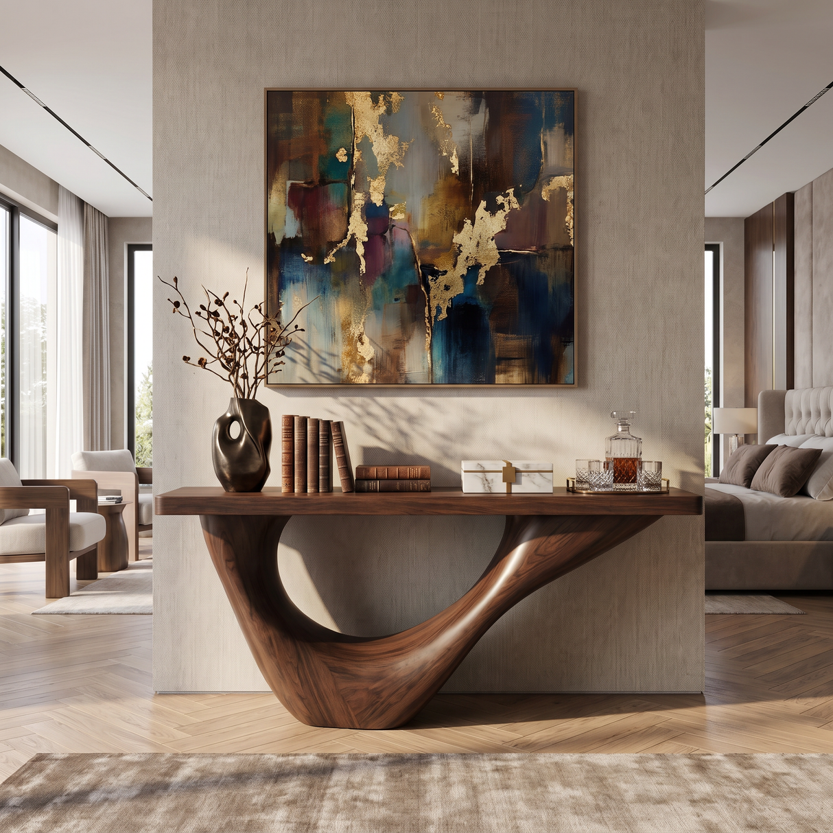 Console Table Solid Wood with Sweeping Open Crescent Base