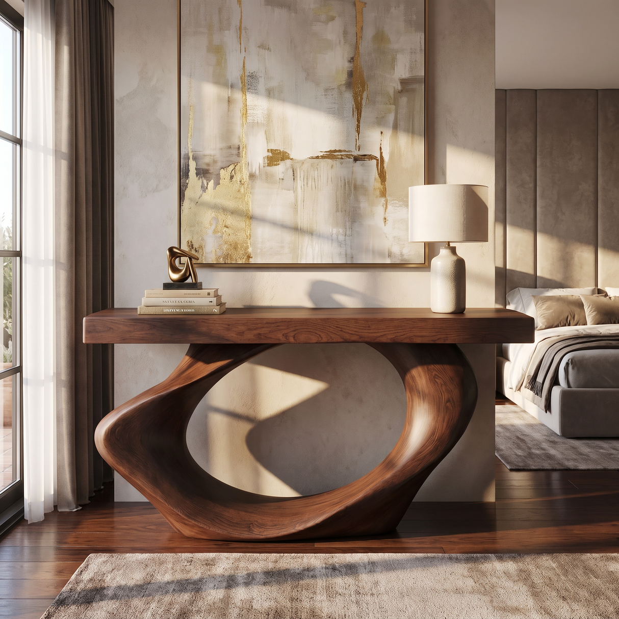Console Table Solid Wood with Oval Loop Base for Entryway Decor