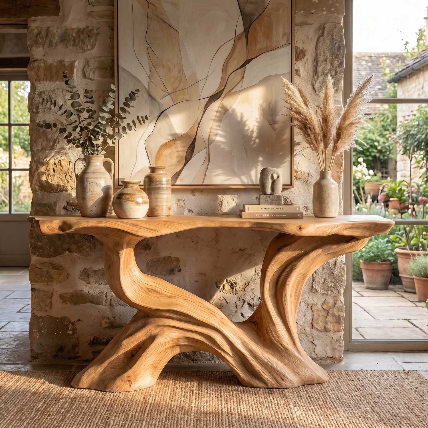 Console Table Solid Wood with Flowing Branch Sculptural Base