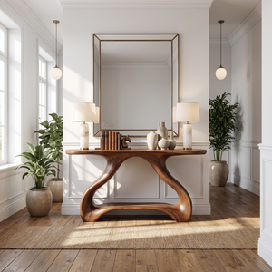 Organic Solid Wood Console Table with Sculptural Shelf Base