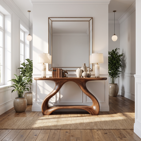 Organic Solid Wood Console Table with Sculptural Shelf Base