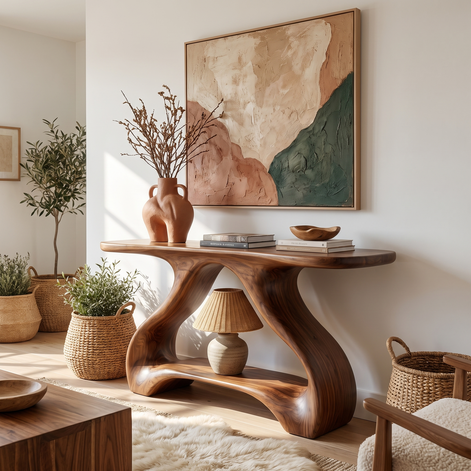 Organic Solid Wood Console Table with Sculptural Shelf Base