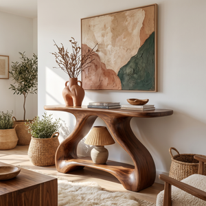 Organic Solid Wood Console Table with Sculptural Shelf Base