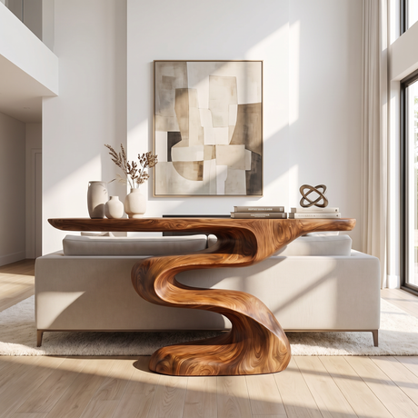 Handcrafted Solid Wood Console Table with Flowing Wave Base