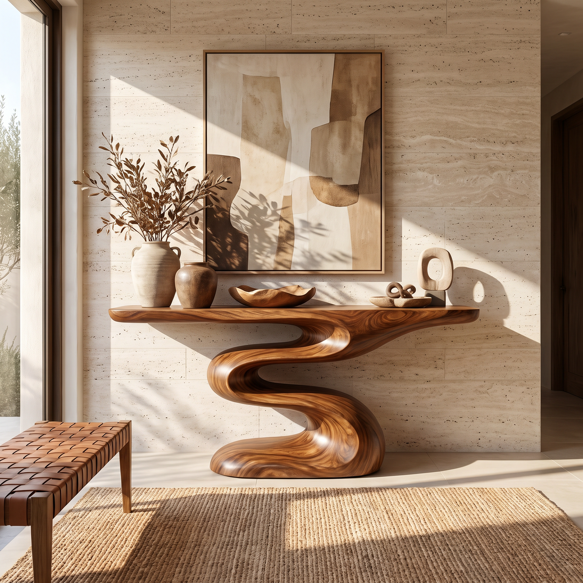 Handcrafted Solid Wood Console Table with Flowing Wave Base