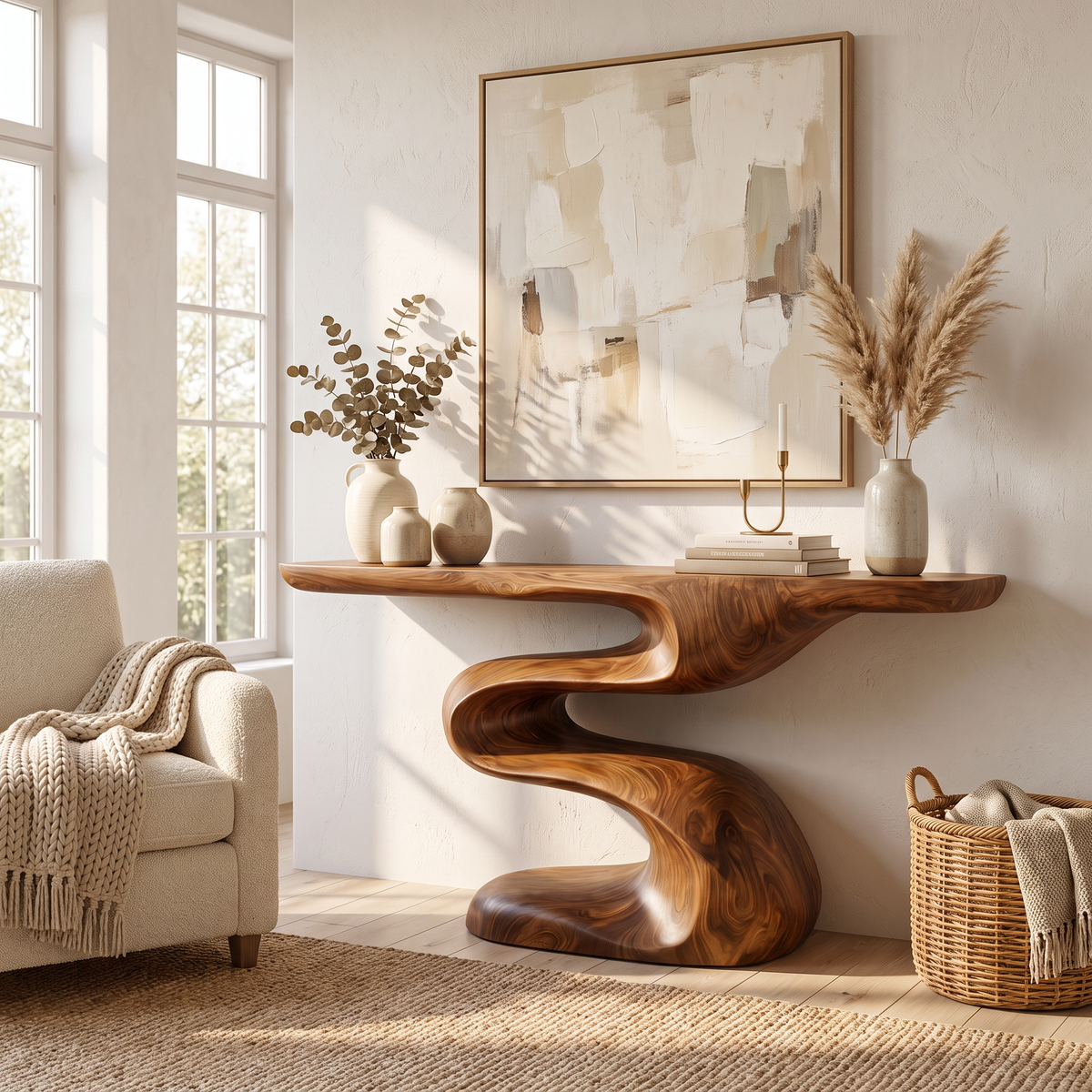 Handcrafted Solid Wood Console Table with Flowing Wave Base