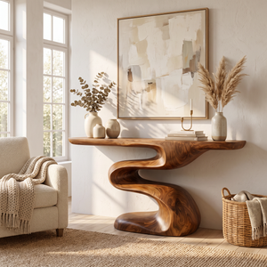 Handcrafted Solid Wood Console Table with Flowing Wave Base