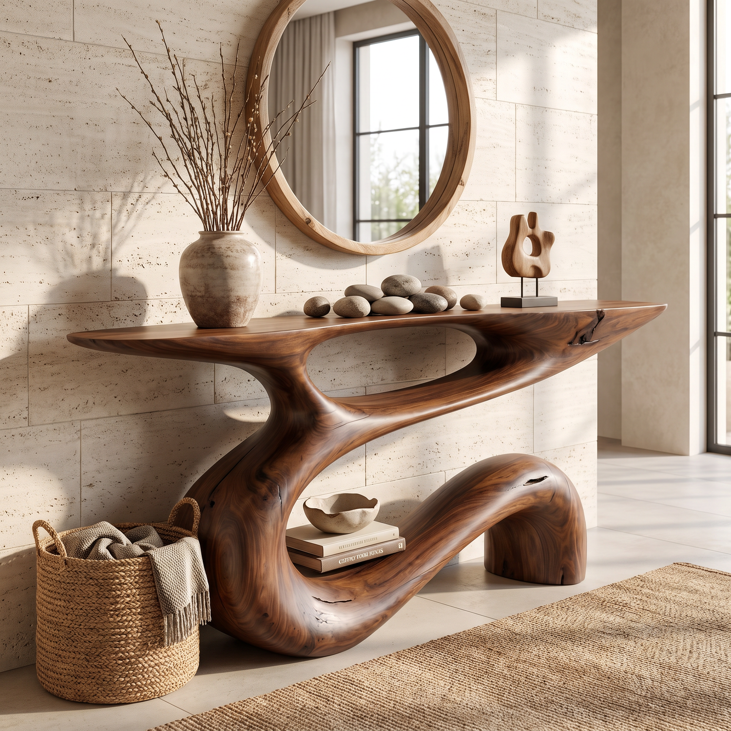 Solid Wood Console Table with Flowing Open Sculptural Base