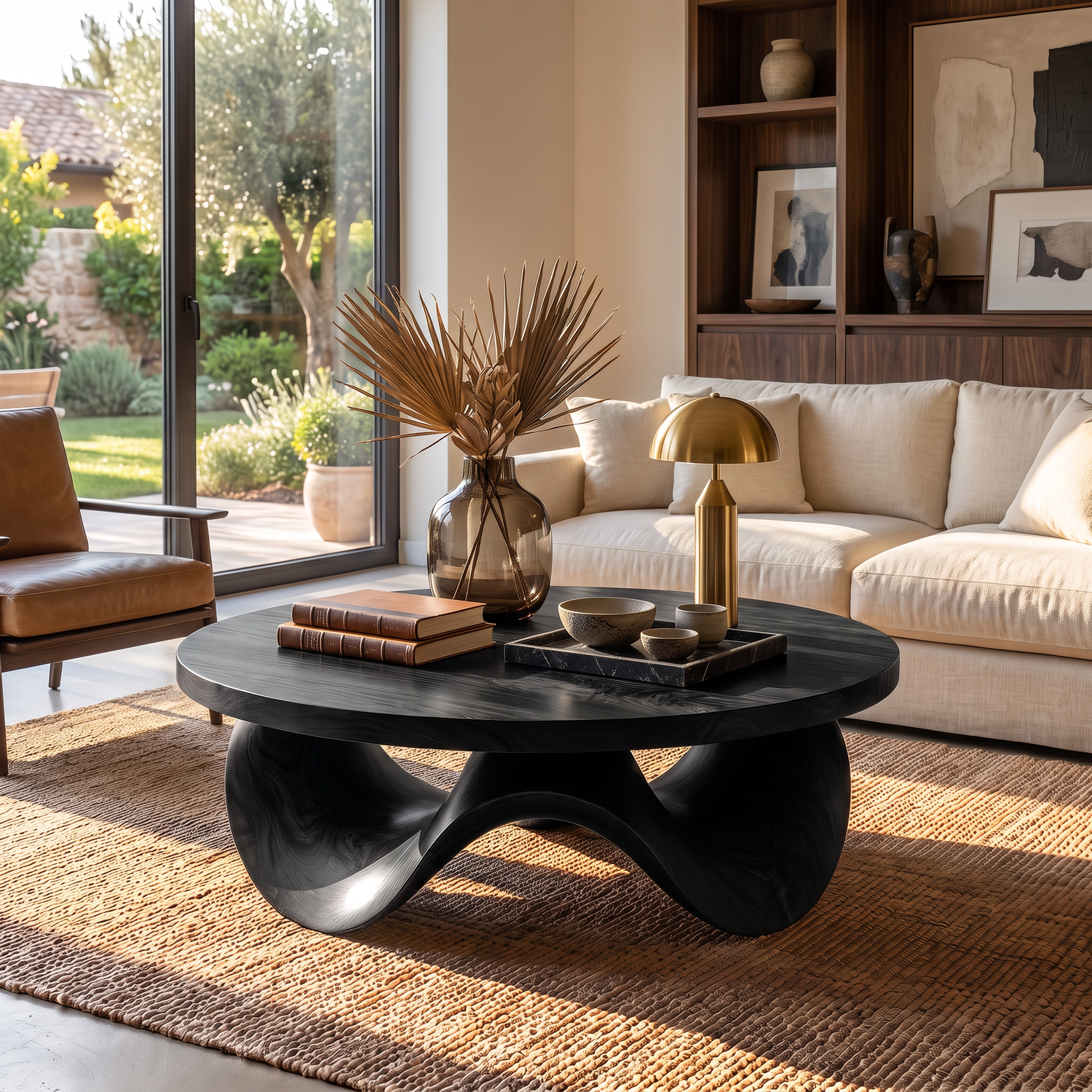 Coffee Table Solid Wood with Sculptural Petal Wave Base