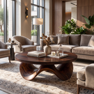 Coffee Table Solid Wood with Sculptural Petal Wave Base