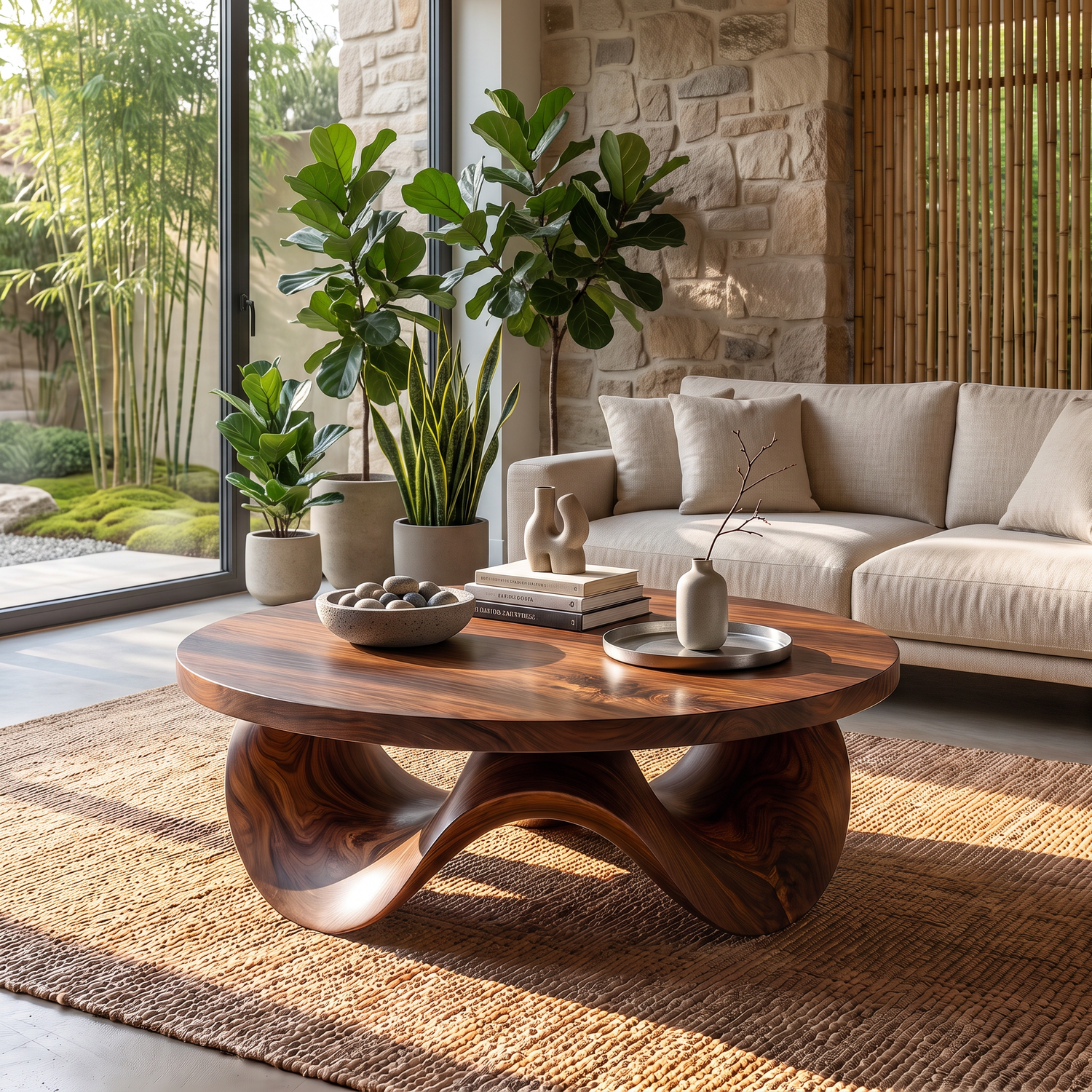 Coffee Table Solid Wood with Sculptural Petal Wave Base