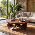 Coffee Table Solid Wood with Sculptural Petal Wave Base