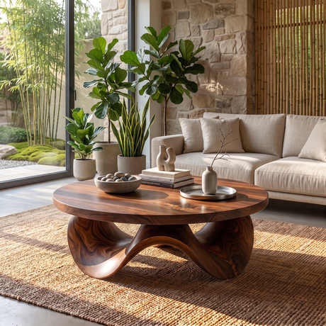 Coffee Table Solid Wood with Sculptural Petal Wave Base