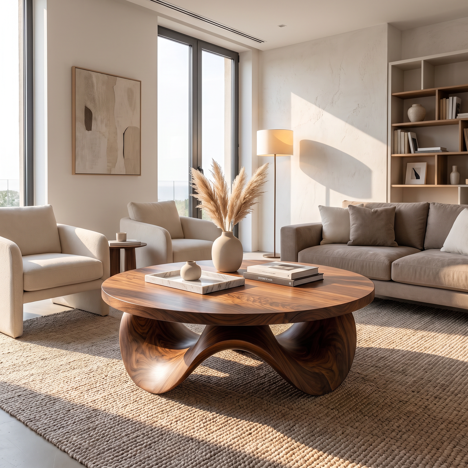 Coffee Table Solid Wood with Sculptural Petal Wave Base