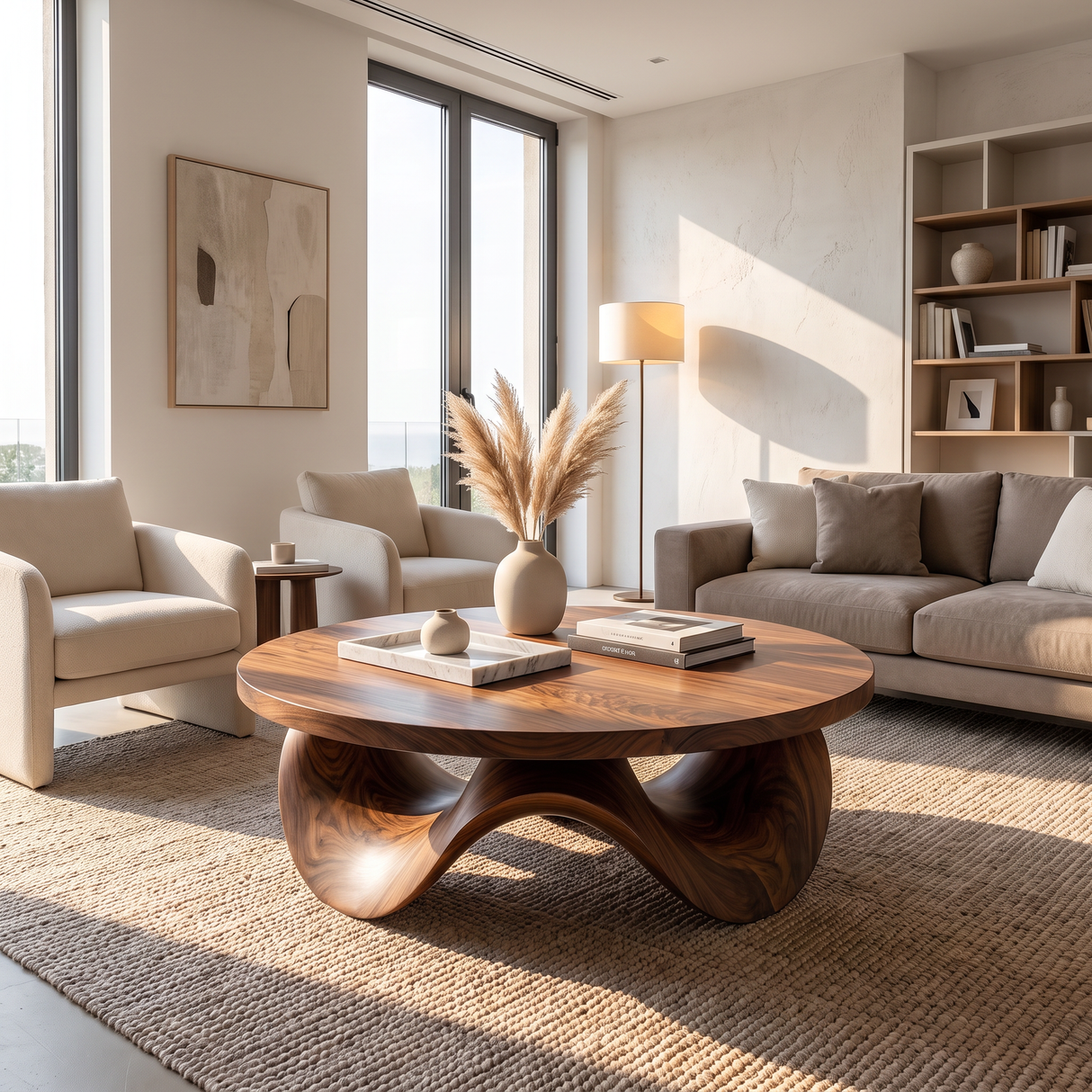 Coffee Table Solid Wood with Sculptural Petal Wave Base