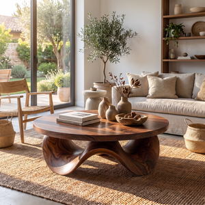 Coffee Table Solid Wood with Sculptural Petal Wave Base