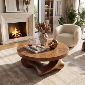 Coffee Table Solid Wood with Sculptural Open Triangular Base