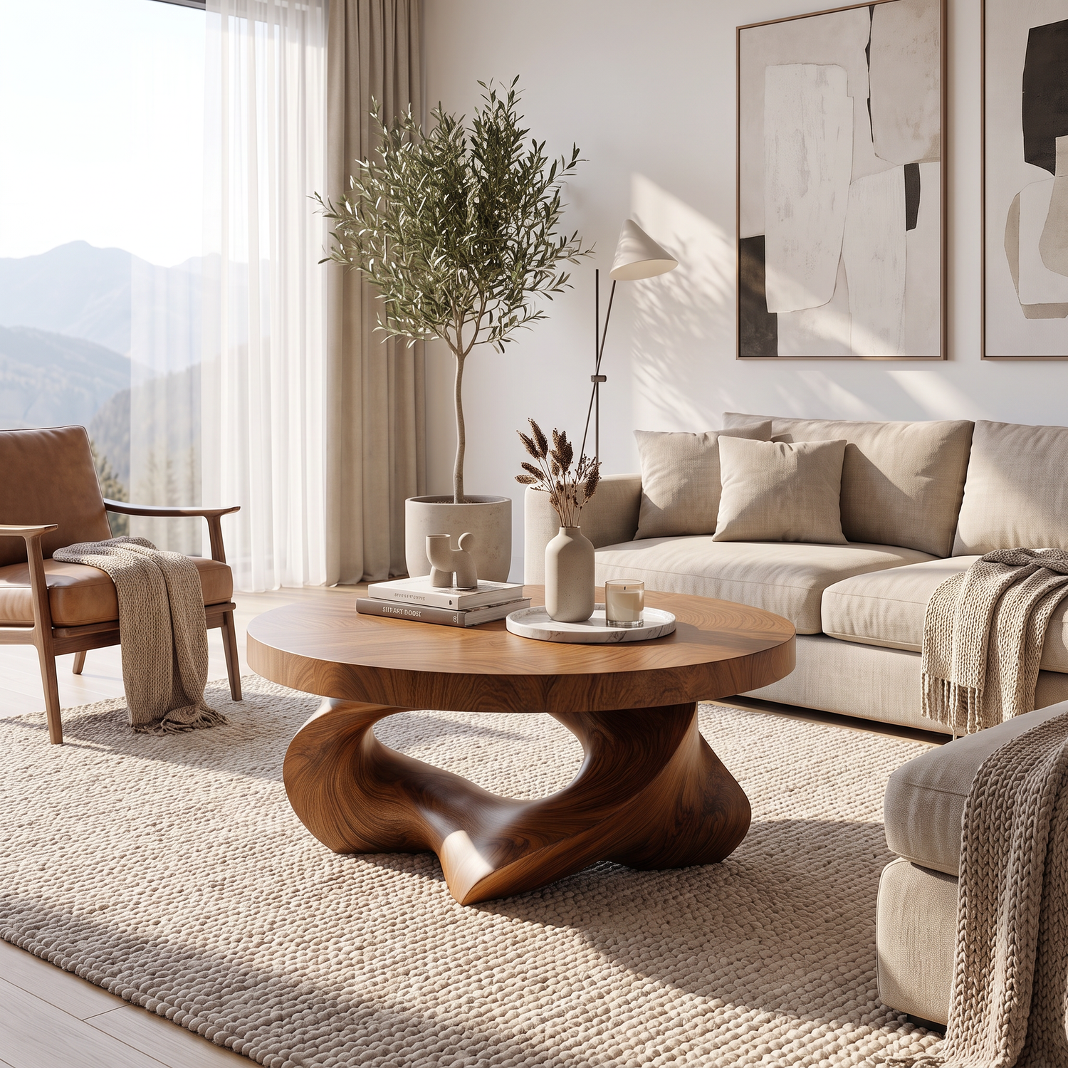 Coffee Table Solid Wood with Sculptural Open Triangular Base