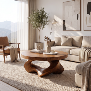 Coffee Table Solid Wood with Sculptural Open Triangular Base