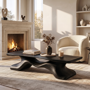 Coffee Table Solid Wood with Sculptural Flowing Bridge Base