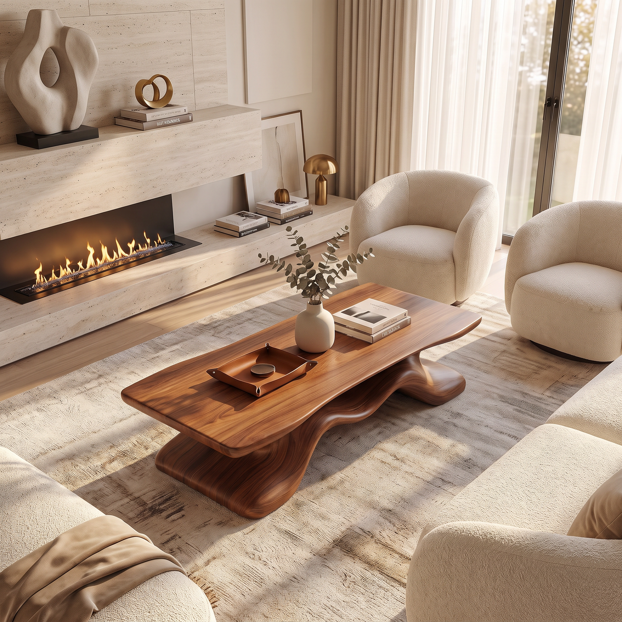 Coffee Table Solid Wood with Sculptural Flowing Bridge Base