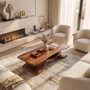 Coffee Table Solid Wood with Sculptural Flowing Bridge Base