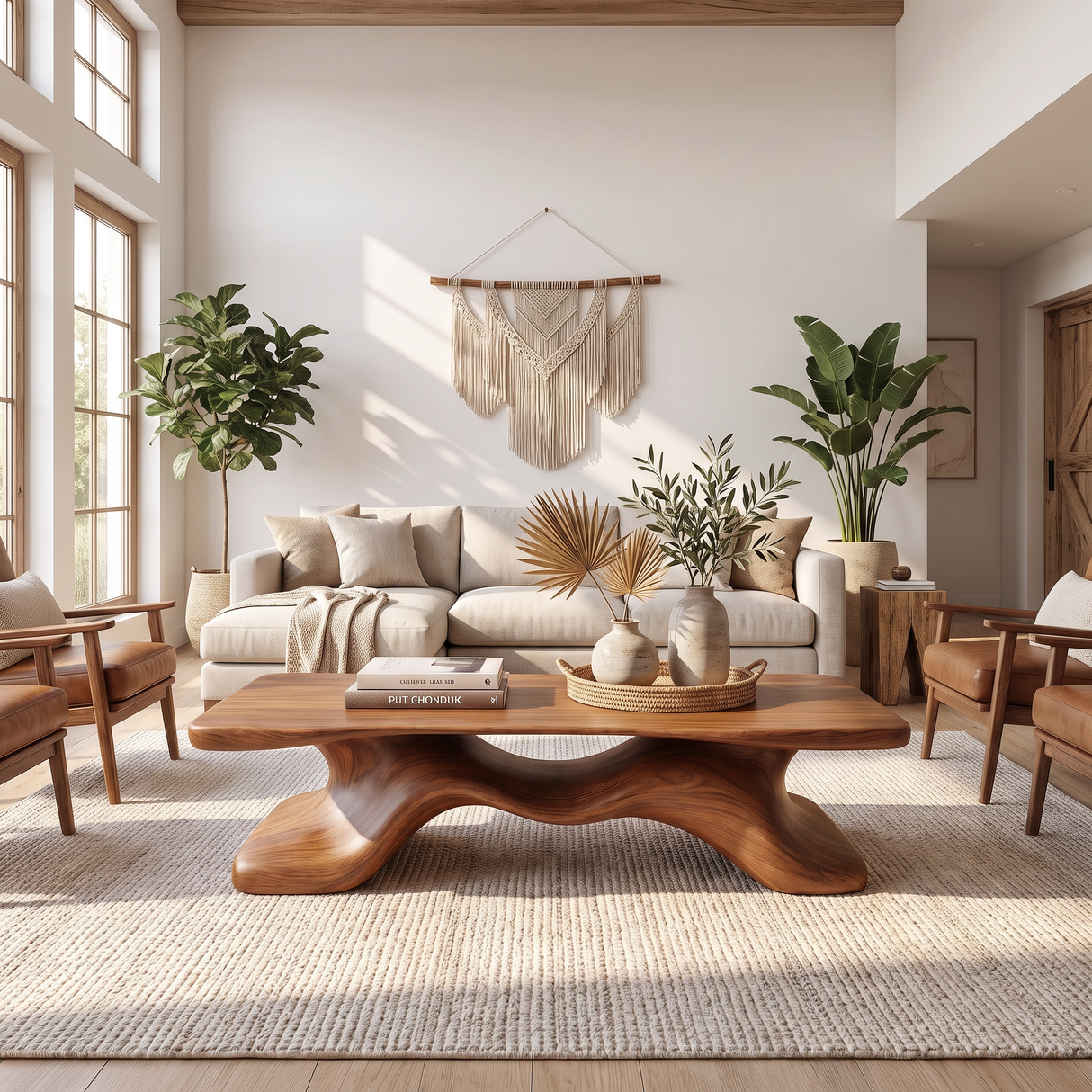 Coffee Table Solid Wood with Sculptural Flowing Bridge Base