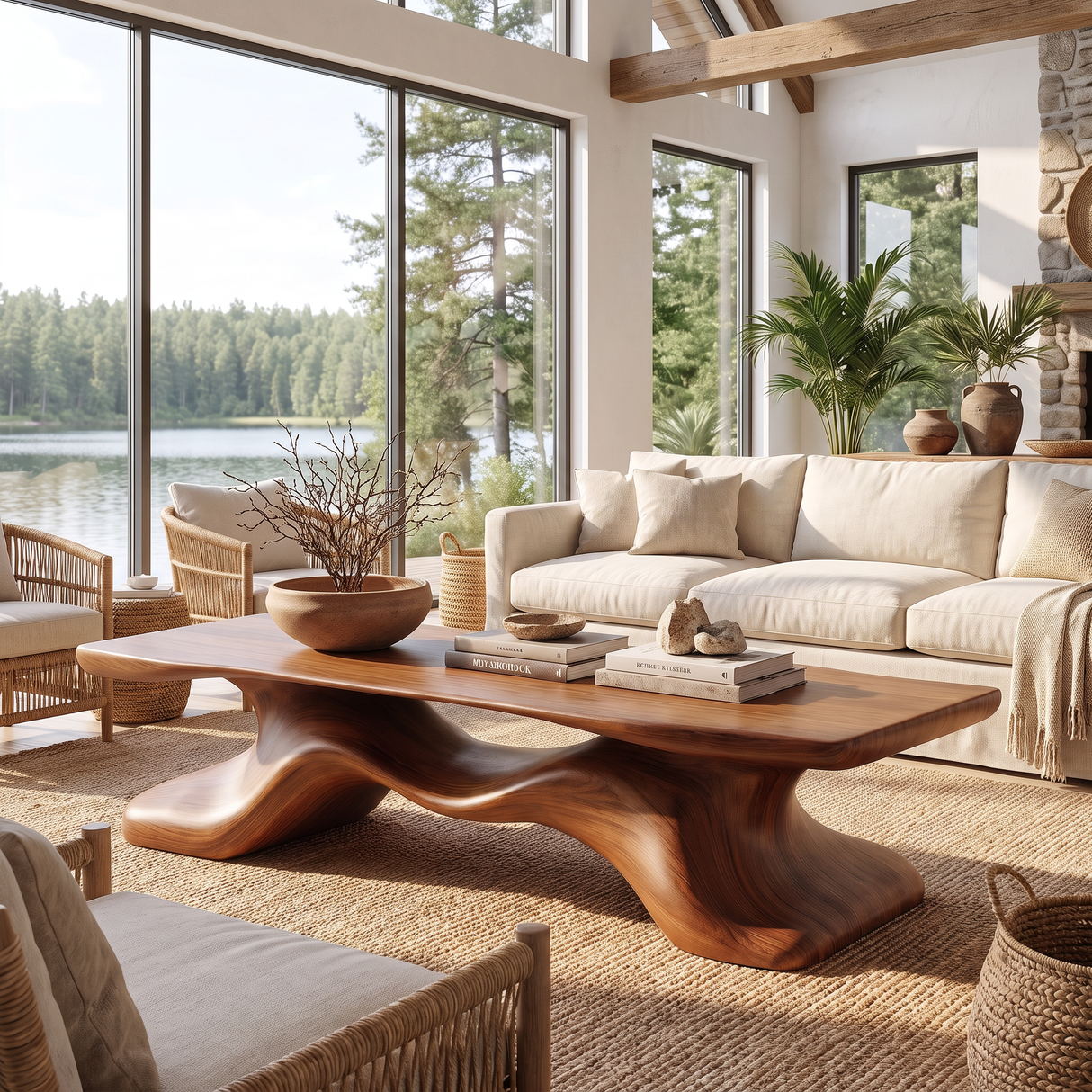 Coffee Table Solid Wood with Sculptural Flowing Bridge Base