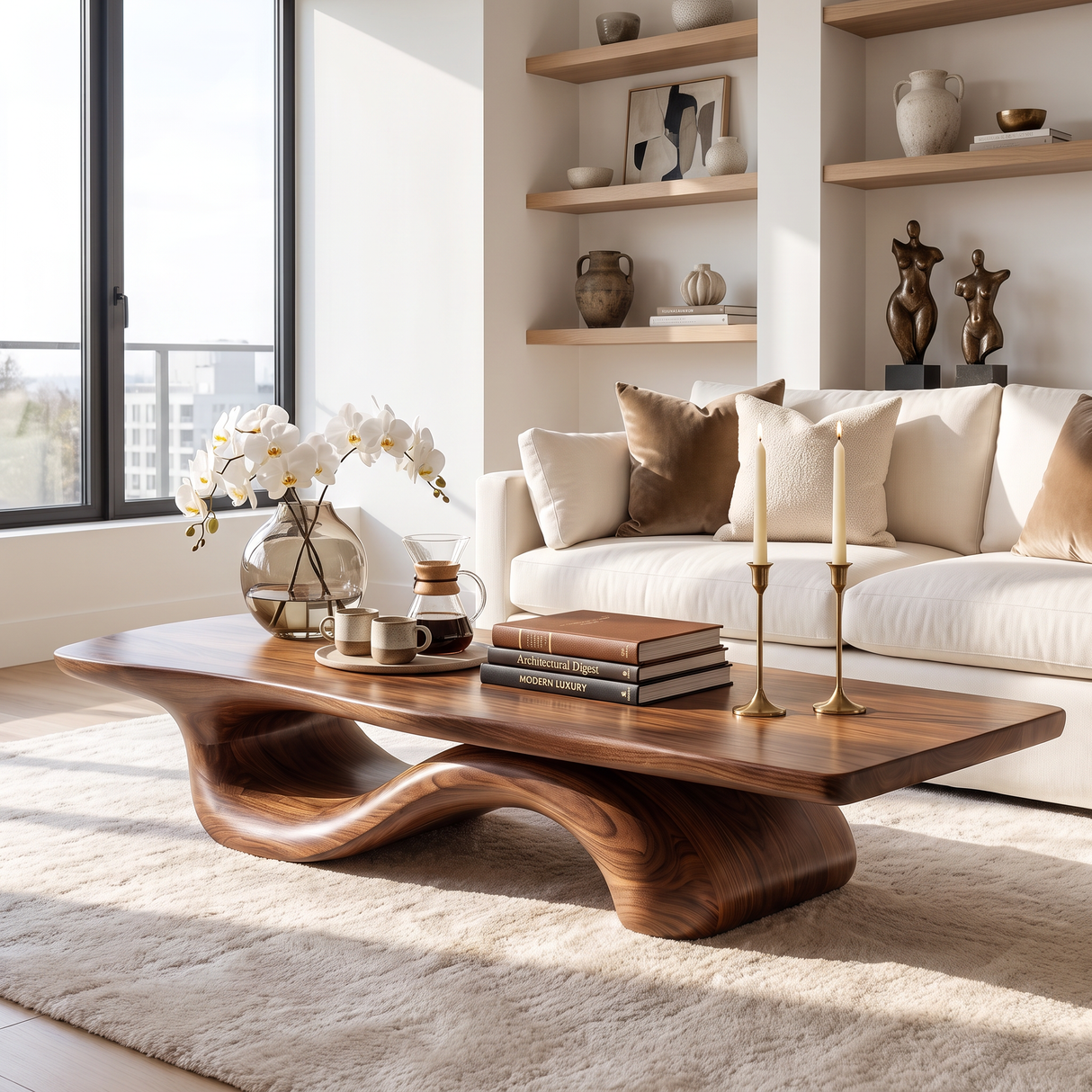 Coffee Table Solid Wood with Sculptural Wave Bridge Base for Living Room