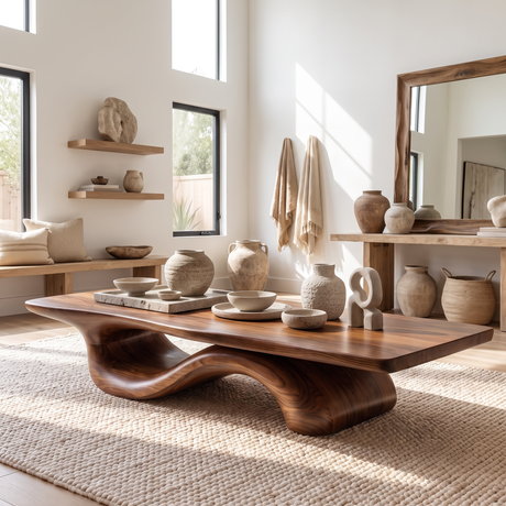 Coffee Table Solid Wood with Sculptural Wave Bridge Base for Living Room