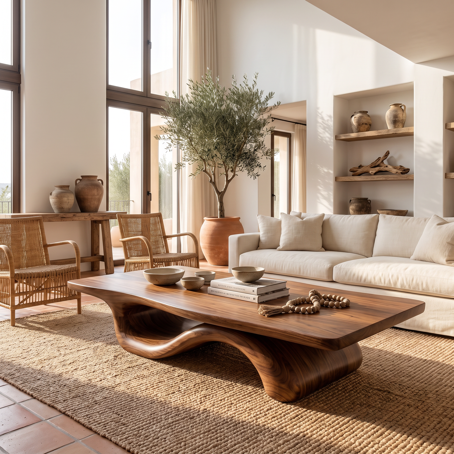 Coffee Table Solid Wood with Sculptural Wave Bridge Base for Living Room