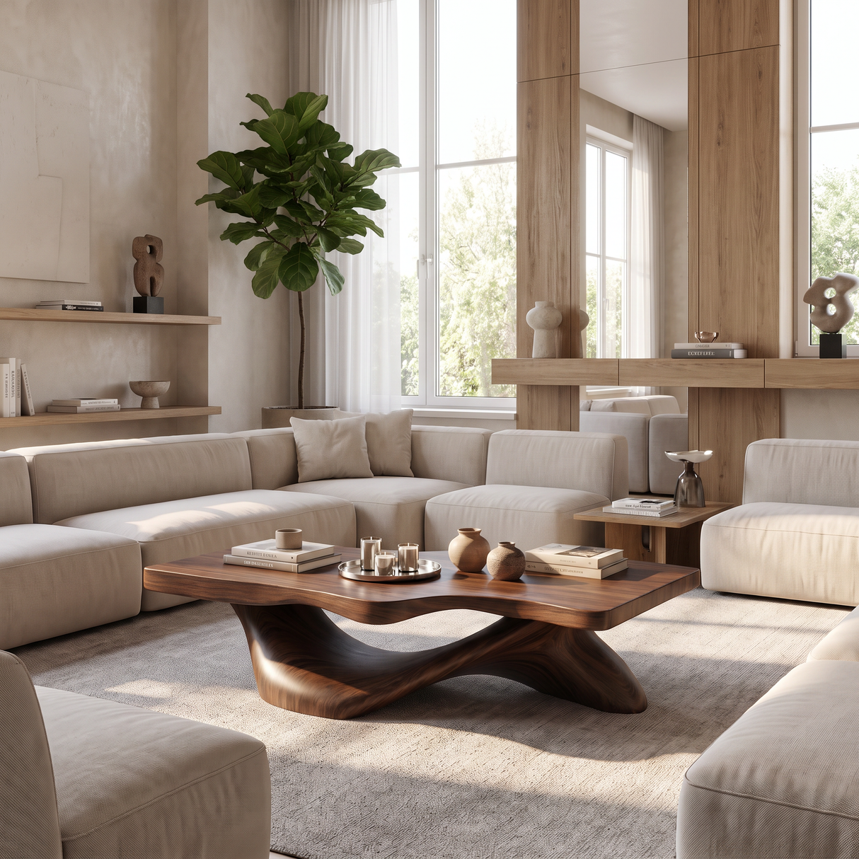 Coffee Table Solid Wood with Sculptural Open Arch Base for Living Room