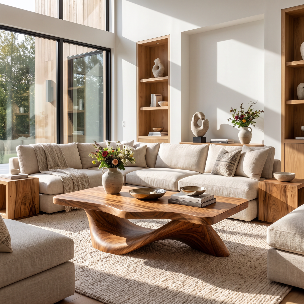 Coffee Table Solid Wood with Sculptural Open Arch Base for Living Room