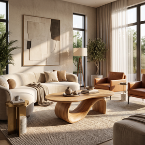 Solid Wood Coffee Table with Asymmetric Loop Base for Living Room